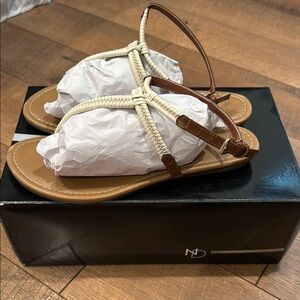 Cream and Brown Flat Sandals with Crisscross Straps